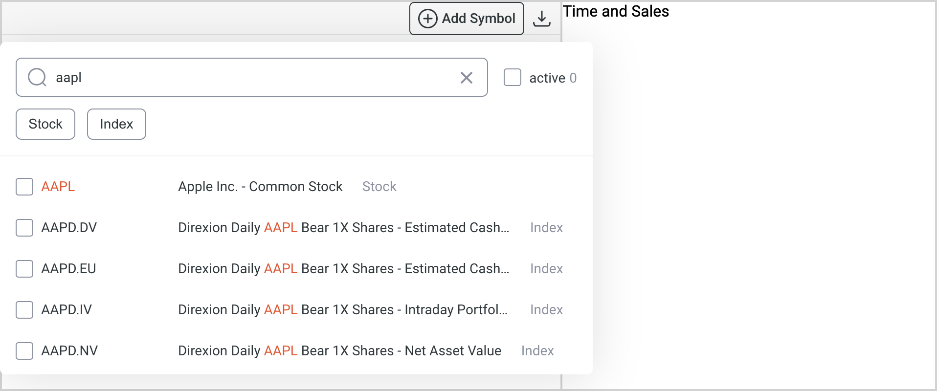 Watch list with symbol search